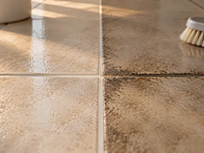 Close detail of a microfiber cloth and a small detail brush resting on a sliding window track that is half cleaned, grit on one side and bare clean metal on the other