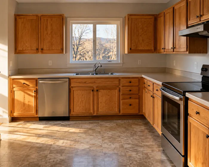 A clean kitchen with wiped oak cabinets and a degreased stovetop