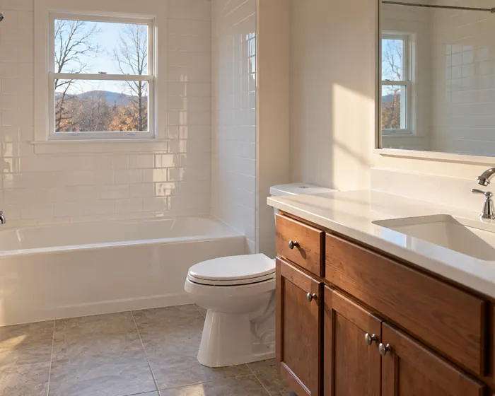 A cleaned tub surround with bright grout lines and polished chrome