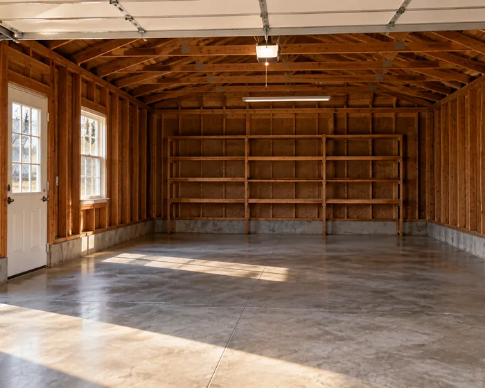 An emptied garage with a scrubbed concrete floor and cobwebs cleared from the rafters