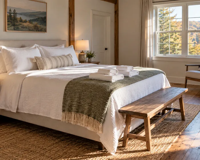 A rental bedroom with a tightly made bed and dusted nightstands