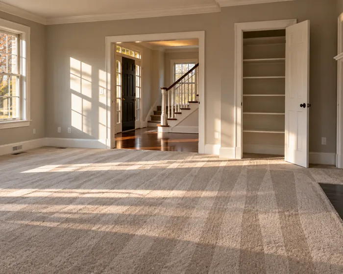 An empty living room with fresh vacuum lines and wiped baseboards