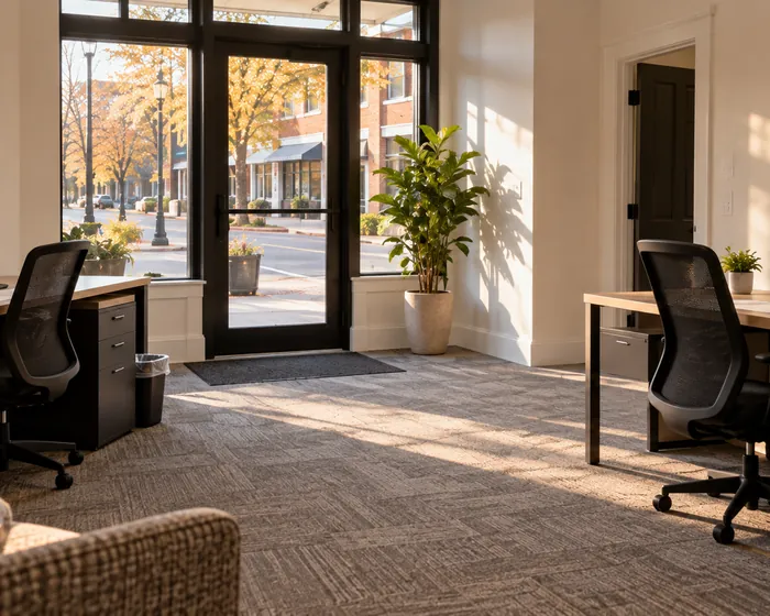 A small office with wiped desks and a fingerprint free glass door