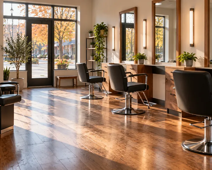 A salon with a swept floor and streak free mirrors