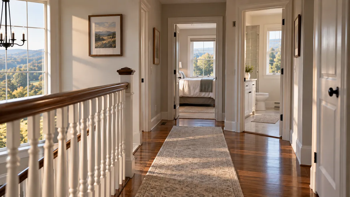 A whole house clean seen down a long upstairs hallway, open doors showing a made bed and a bright clean bathroom, the hallway runner freshly vacuumed and the banister wiped